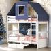 Unique Playhouse Design Twin Over Twin Wood Bunk Bed with Tent and Drawers, Sturdy construction & Storage Space, White+Blue