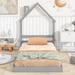 Fun Floor Bed, Wooden Twin House Mattresses Bed with Fences, Grey