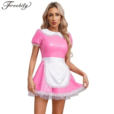 Frauen Diener Dienst mädchen Cosplay Kostüm Puff ärmel Spitze Lack leder Kleid mit Schürze für Halloween Weihnachten Clubwear Nachtwäsche Image