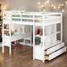 Full Size Loft Bed with Built-in Desk, Storage Bed with Shelves and Drawers, Pine Wood Bed with Full-Length Guardrail, White