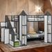 Stylish & Simple Metal Twin over Twin Castle-shaped Sturdy and Safe Bunk Bed with Wardrobe and Multiple Storage, Gray+White