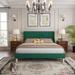 Green Bed Frame with Upholstered Headboard and Wooden Slats Support