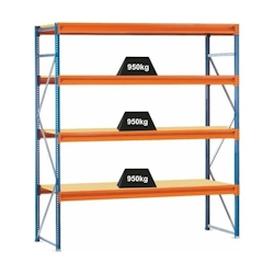 PROREGAL Weitspannregal mit Spanplatten W 100 | Grundregal | HxBxT 250x214x120cm | 4 Ebenen | Fachlast 950 kg | Blau/Orange/Verzinkt Image