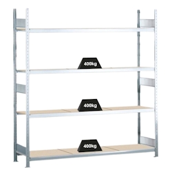 PROREGAL Weitspannregal mit Spanplatten WS 2000 | Grundregal | HxBxT 250x225x60cm | 4 Ebenen | Fachlast 400kg | Verzinkt Image