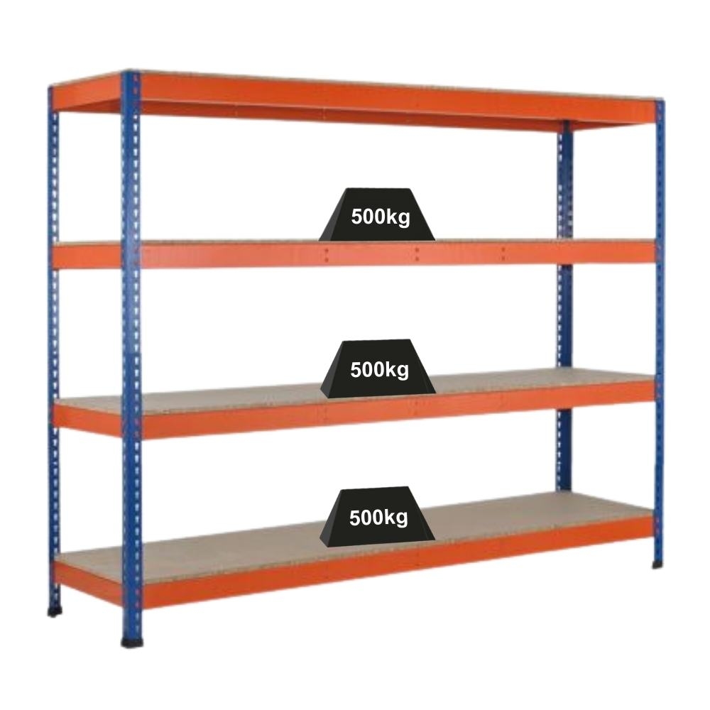 PROREGAL Weitspannregal mit Spanplatten Z1 | HxBxT 3048x245x77,3cm | 4 Ebenen | Fachlast 500kg | Blau/Orange/Verzinkt Image
