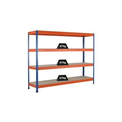PROREGAL Weitspannregal mit Spanplatten Z1 | HxBxT 198x214,6x62cm | 4 Ebenen | Fachlast 577kg | Blau/Orange/Verzinkt Image