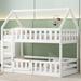 Twin Over Twin House Bunk Bed with Fence and Door, Wooden Bunk Bed w/ Fence Kids Twin House Bed Bunk Beds, 2 Beds Low Bunk Beds