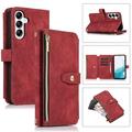Zipper Wallet Shoulder Strap Bag Case for Samsung Galaxy S23 FE Magnetic Leather 9 Card Slots Case Shockproof Rubber Kickstand Full Body Protective Cover with Wrist Strap Red