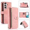 Zipper Wallet Shoulder Strap Bag Case for Samsung Galaxy S23 FE Magnetic Leather 9 Card Slots Case Shockproof Rubber Kickstand Full Body Protective Cover with Wrist Strap Pink