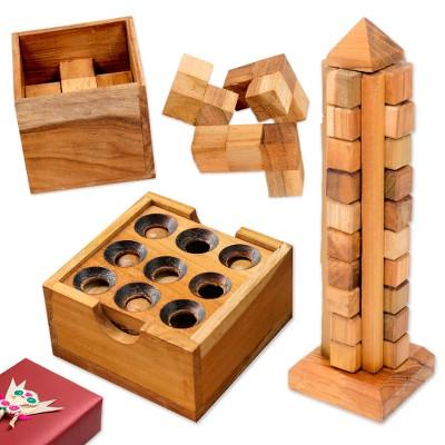 'Curated Gift Set with 3 Hand-Carved Recycled Teak Puzzles'