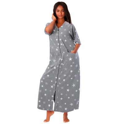 Plus Size Women's Long French Terry Zip-Front Robe by Dreams & Co. in Heather Grey Stars (Size L)