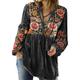 SHINROAD Womem Shirt Bohemian Style Top Women's V-neck Retro Flower Print Long Sleeve Loose Fit Drawstring Pullover Pleated Mid Length Patchwork Design Soft Black 2XL