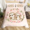 Homewish Cartoon Sloth Comforter Cover Floral Flower Bed Set, Japanese Cherry Blossoms Duvet Cover Double Size Pink Rose Bedding Sets, Kawaii Animal Bedspread Cover Girls Butterfly Room Decor