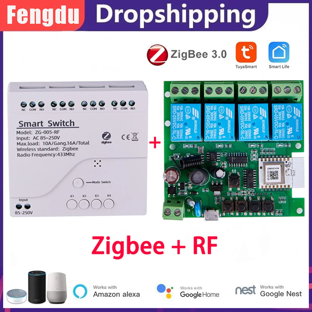 4CH Zigbee RF 433 Modul DC 7-32V AC 85-250V Smart Light APP Schalter Empfänger 10A Relais können mit Alexa Google Assistant arbeiten Image