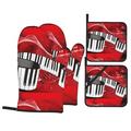 Piano Keys Oven Mitts Pot Holders Set Non-Slip Cooking Kitchen Gloves Washable Heat Resistant Oven Gloves for Microwave BBQ Baking Grilling