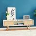 55.12" Rattan TV Stand TV Console Table with Adjustable Shelf & Solid Wood Legs, Double Sliding Doors for Storage, White