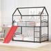 Twin Over Twin Metal House Bunk Bed with Slide, Roof & Security Guardrail, Convertible Floor Bunk Bed for Kids Teens Boys Girls