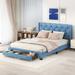 Blue Linen Upholstered Queen Size Storage Platform Bed: 2 Drawers, Nailhead Trim