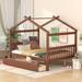 House Bed w/ 2 Storage Drawers & Rails, Twin/Full Kids Montessori House Bed with Roof Design, Wood Tent Bed Frame for Girls Boys