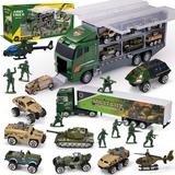 Syncfun 19 in 1 Die-cast Army Toy Truck Mini Military Vehicles in Carrier Truck with Army Men Action Figures Toys for Boys 3-6-9 Years Old