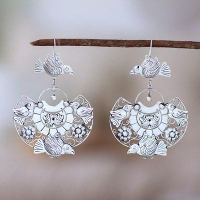 'Bird and Floral-Themed Sterling Silver Statement Earrings'