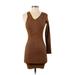 Zara Casual Dress - Sweater Dress V-Neck Long sleeves: Brown Solid Dresses - Women's Size Small