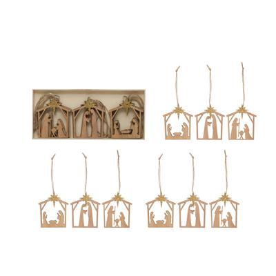 Wood Laser Cut Nativity Ornaments with Glitter Star - 8.6