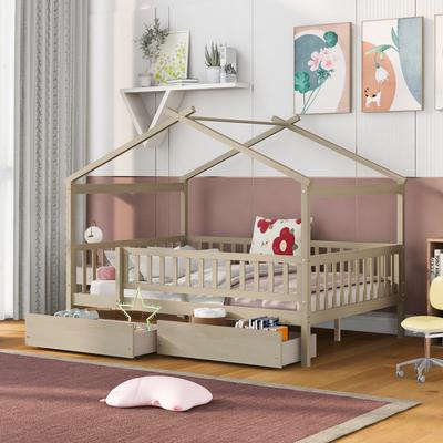 Twin/Full House Bed with 2 Storage Drawers, Kids Twin/Full Bed Frame with Rails and Roof, Tent Bed, Wooden Daybed Montessori Bed