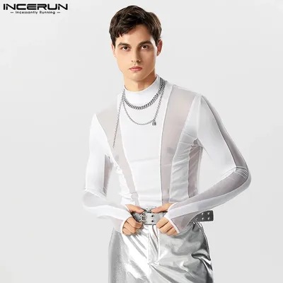 Männer Bodys Mesh Patchwork Roll kragen pullover Langarm sexy Stram pler T-Shirts Streetwear Image