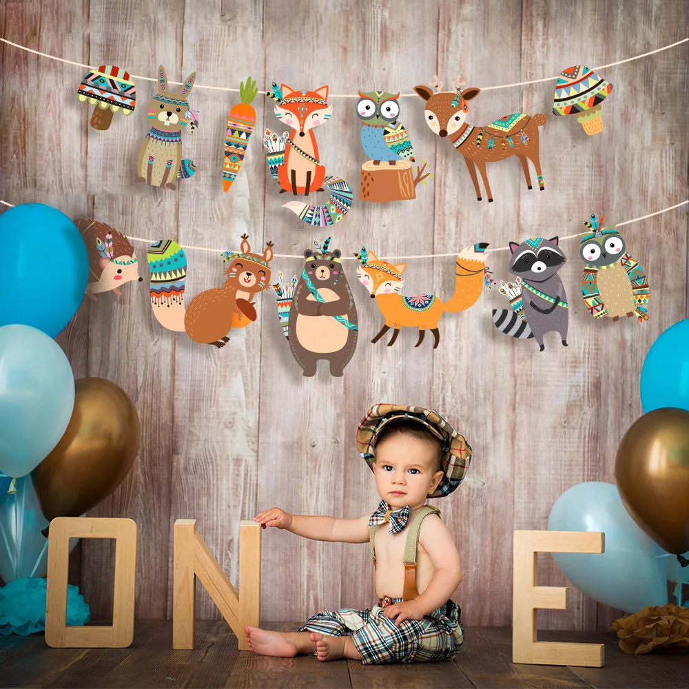 Wald party niedlichen Kaninchen Fuchs Eule Waschbär Wandbehang Ammer Cartoon indische wilde Tiere alles Gute zum Geburtstag Banner Party Gefälligkeiten Image