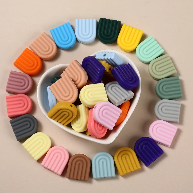 Anneau de dentition arc-en-ciel 17x20mm, 10 pièces, perles en Silicone de qualité alimentaire pour sans BPA, accessoire d'allaitement, bricolage, chaîne de sucette pour bébé, collier