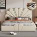 Quee Size Upholsered Plaform Bed Wih Peal Shaped Headboard Decoraed Wih Meal s Space Savig PU Sorage Bed Frame Wih Hydraulic Sorage Sysem(Beige)