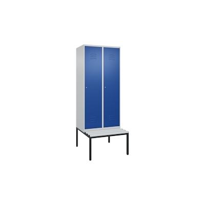 C+P Spind Classic PLUS, Kunststoff untergebaute Sitzbank, 2 Abteile, HxBxT 212x80x82cm, Zylinderschloss, Hellgrau/Enzianblau von PROREGAL Image