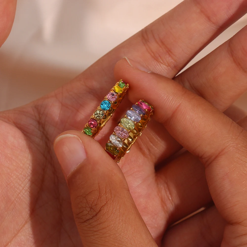 2022 neue Mode Bunte Regenbogen Zirkon Baguette Ring Süße Mädchen Party Ring Schmuck Edelstahl Image