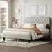 King Size Platform Bed with Fine Linen and Button Tufting Adjustable Headboard, Nailhead Trim
