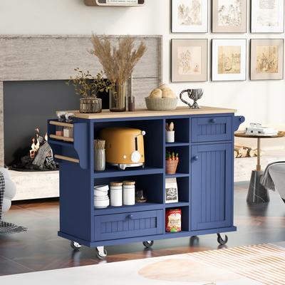 Kitchen Island Cart with Storage Cabinet and Two Locking Wheels, Solid Wood Desktop, Microwave Cabinet