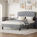 Queen Size Platform Bed with Fine Linen and Button Tufting Adjustable Headboard, Nailhead Trim