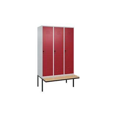 C+P Spind Classic PLUS, schwebender Sitzbank aus Buche 3 Abteile, HxBxT 212x120x82cm, Sicherheitsdrehriegel, Hellgrau/Rubinrot von PROREGAL Image
