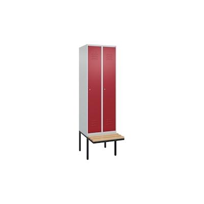 C+P Spind Classic PLUS, schwebender Sitzbank aus Buche 2 Abteile, HxBxT 212x60x82cm, Zylinderschloss, Hellgrau/Rubinrot von PROREGAL Image