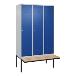 C+P Spind Classic PLUS, schwebender Sitzbank aus Buche 3 Abteile, HxBxT 212x120x82cm, Zylinderschloss, Hellgrau/Enzianblau von PROREGAL Image