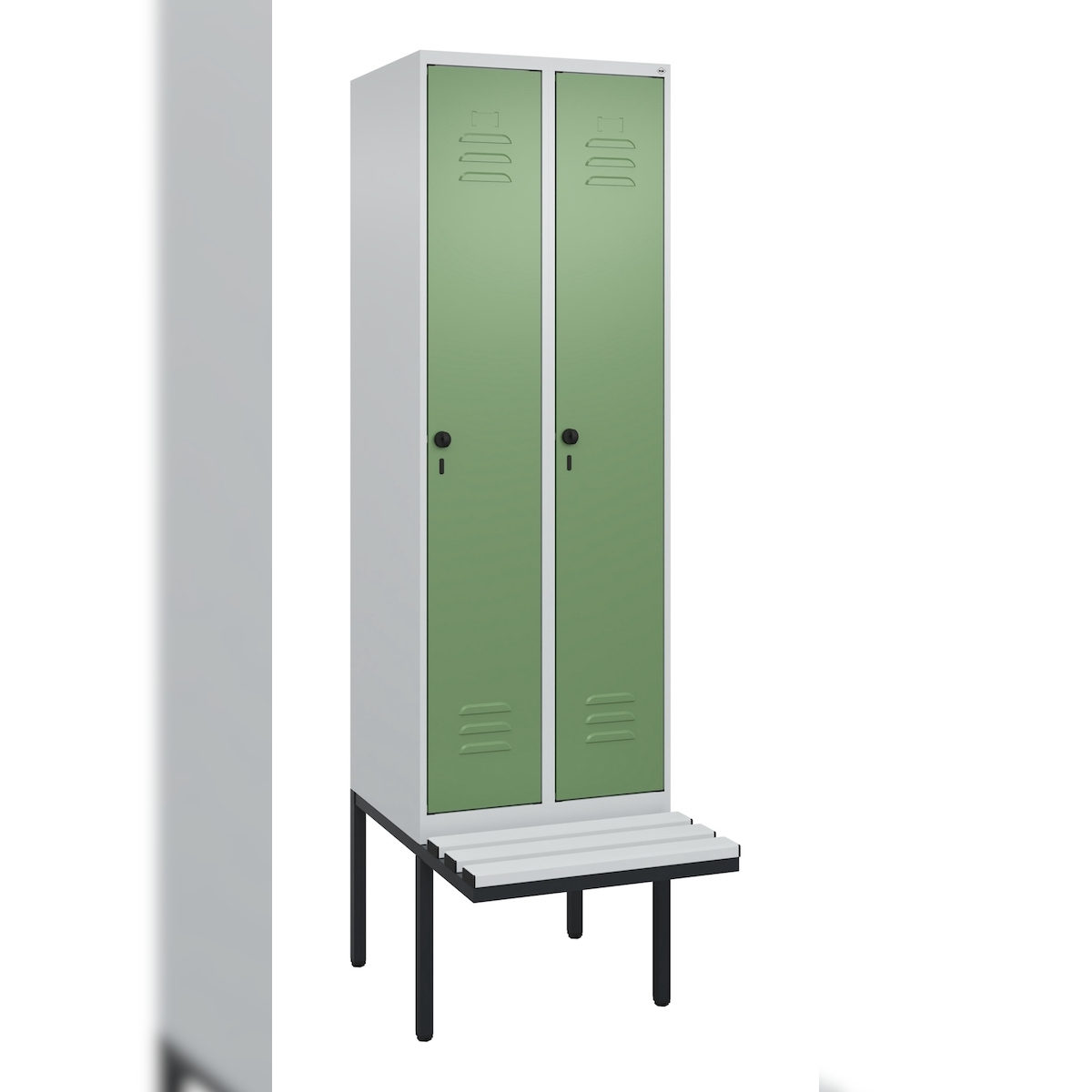 C+P Spind Classic PLUS, Kunststoff schwebende Sitzbank, 2 Abteile, HxBxT 212x60x82cm, Sicherheitsdrehriegel, Hellgrau/Resedagrün von PROREGAL Image