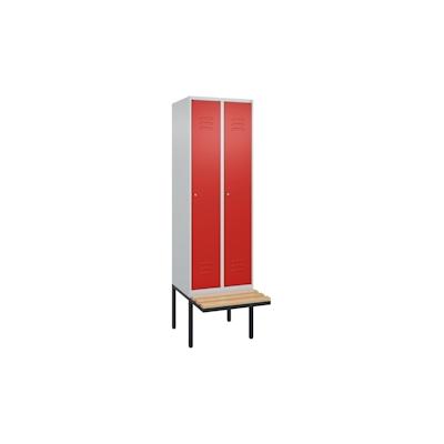 C+P Spind Classic PLUS, schwebender Sitzbank aus Buche 2 Abteile, HxBxT 212x60x82cm, Zylinderschloss, Hellgrau/Rot von PROREGAL Image