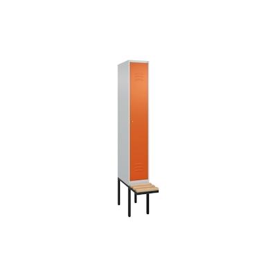 C+P Spind Classic PLUS, schwebender Sitzbank aus Buche 1 Abteil, HxBxT 212x30x82cm, Zylinderschloss, Hellgrau/Reinorange von PROREGAL Image