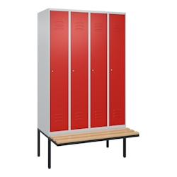 C+P Spind Classic PLUS, schwebender Sitzbank aus Buche 4 Abteile, HxBxT 212x120x82cm, Zylinderschloss, Hellgrau/Rot von PROREGAL Image