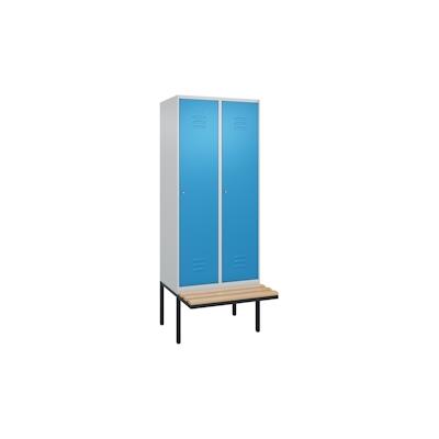 C+P Spind Classic PLUS, schwebender Sitzbank aus Buche 2 Abteile, HxBxT 212x80x82cm, Zylinderschloss, Hellgrau/Lichtblau von PROREGAL Image