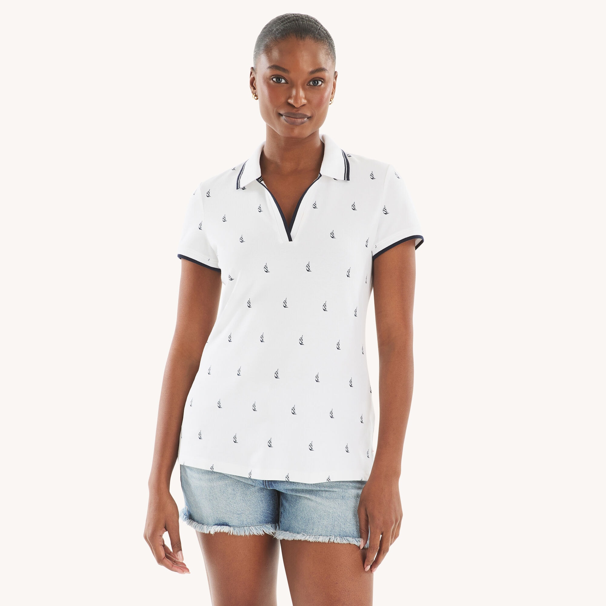 Nautica Women's Printed Split-Neck Polo 101 (Bright White), XL
