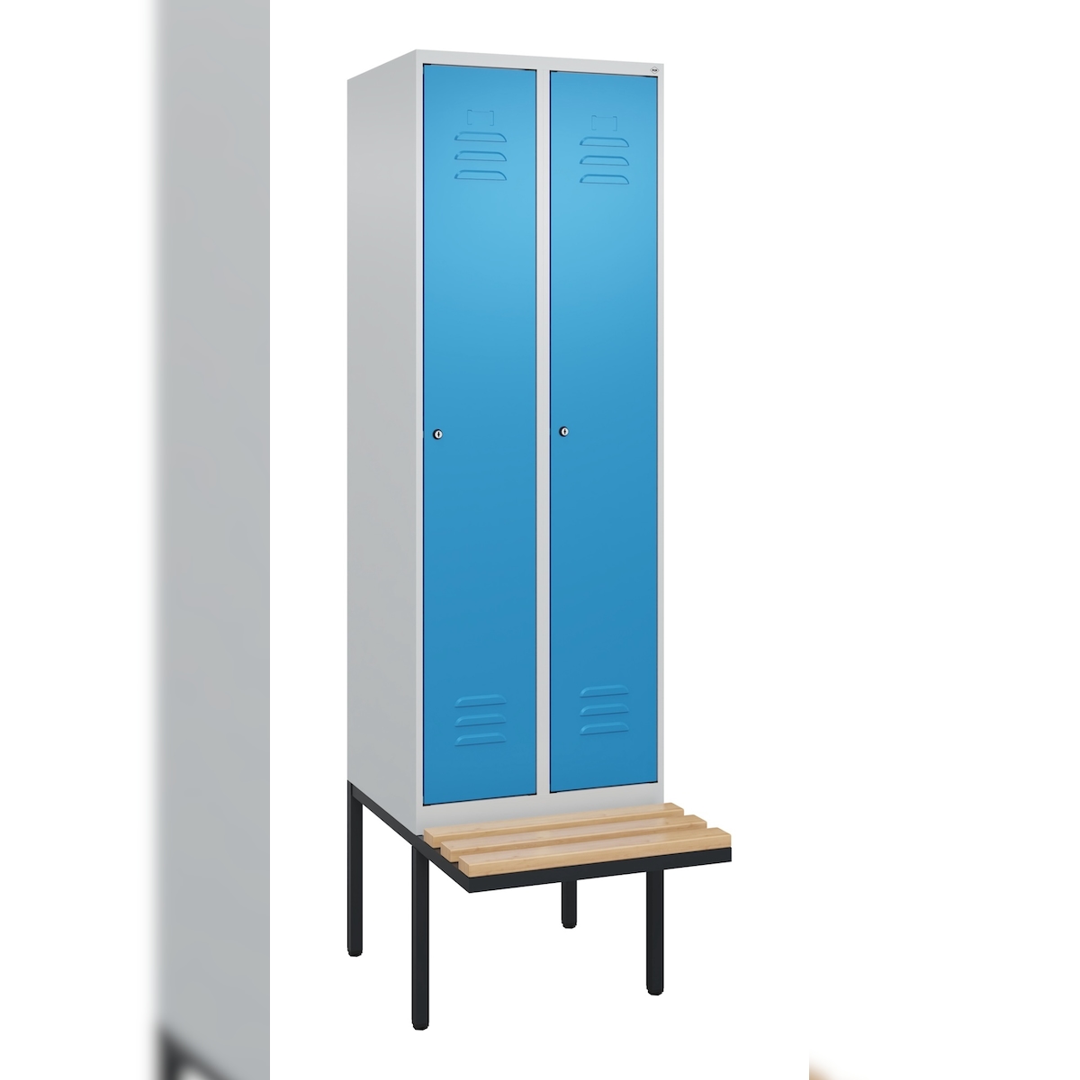 C+P Spind Classic PLUS, schwebender Sitzbank aus Buche 2 Abteile, HxBxT 212x60x82cm, Zylinderschloss, Hellgrau/Lichtblau von PROREGAL Image