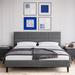 Grey Upholstered Queen Platform Bed with Bricks Stripe Headboard, Non-Slip & Noise-Free Bed Frame - DARK GREY