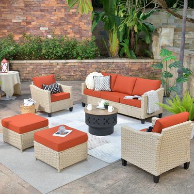 HOOOWOOO 5-Seater PE Wicker Conversation Patio Set with Wood Burning Fire Pit