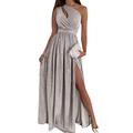 LAZUN Women's One Shoulder Bridesmaid Dresses Slim Slit Evening Dress Hollow Halter Long Formal Ball Gown (Color : Silver, Size : XL)